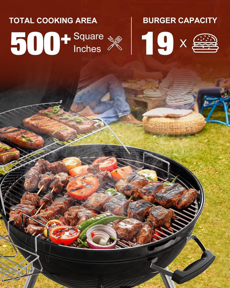 22 Inch Premium BBQ Charcoal Grill. Outdoor Barbecue Kettle Grill. Smoker Grills over 500 Square Inches 2-Tier Cooking Space. Perfect for Outdoor BBQ Party and Patio. Black
