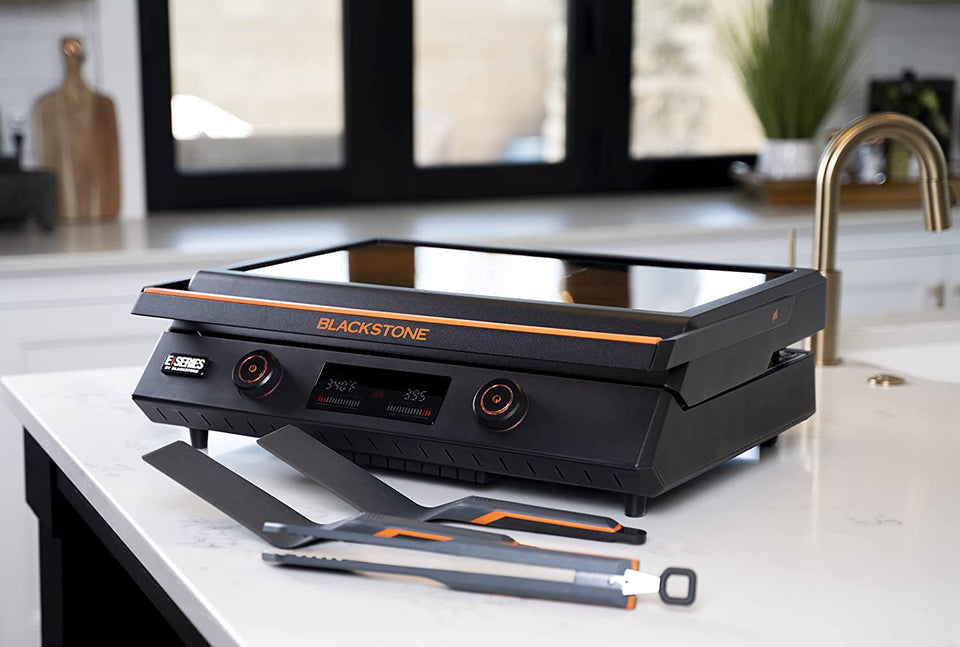 22-Inch Electric Griddle - 1200W Non Stick Ceramic Titanium Coated Stainless Steel Tabletop Griddle with Ez-Touch Control Dial. LCD Display. Patented Rotate & Remove Glass Hood - 8001