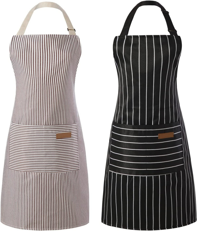 2 Pieces Kitchen Cooking Aprons. Cotton Polyester Blend Adjustable Bib Aprons with 2 Pockets for Women Men Chef Chef (Black/Brown Stripes. 2)