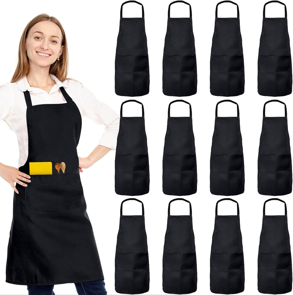 12 Pack Bib Apron. Unisex Restaurant Kitchen Aprons for Women with 2 Pockets. Chef Aprons for Cooking Men BBQ Painting Drawing Craft Plain Adults. Bulk Black
