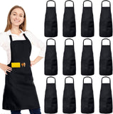 12 Pack Bib Apron. Unisex Restaurant Kitchen Aprons for Women with 2 Pockets. Chef Aprons for Cooking Men BBQ Painting Drawing Craft Plain Adults. Bulk Black