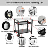 3-Shelf Movable Food Prep and Pizza Oven Table. BBQ Grilling Table. Home & Outdoor Multifunctional Stainless Steel Table Top Worktable on 2 Wheels. L39.5 X W25.6 X H33