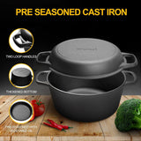 2-In-1 Pre-Seasoned Cast Iron Dutch Oven Pot with Skillet Lid Cooking Pan. Cast Iron Skillet Cookware Pan Set with Dual Handles Indoor Outdoor for Bread. Frying. Baking. Camping. BBQ. 5QT