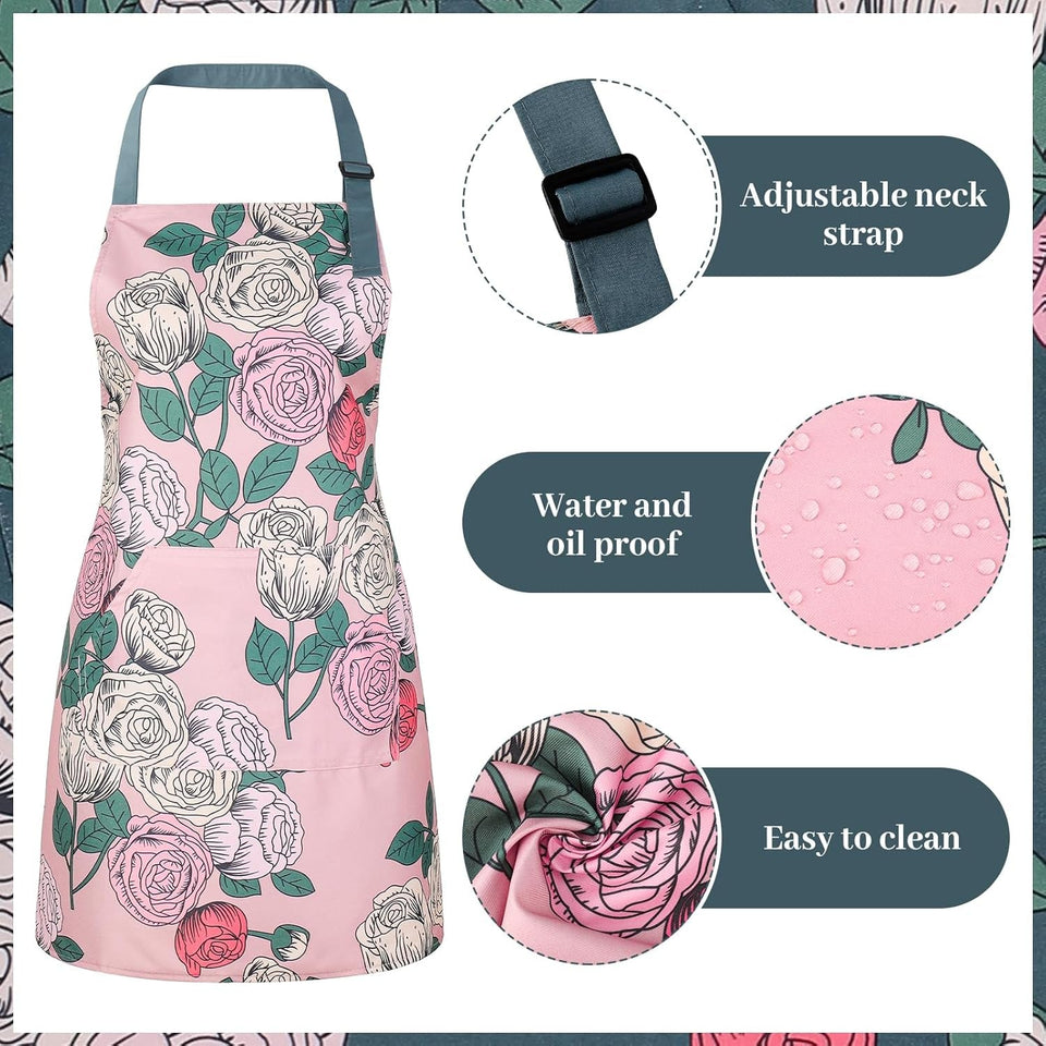 3 Pack Floral Aprons for Women with 2 Pockets. Women Aprons Waterproof Adjustable Cooking Aprons for Kitchen. Gardening. Baking. Salon Apron Gift for Mom Wife Sister Grandma