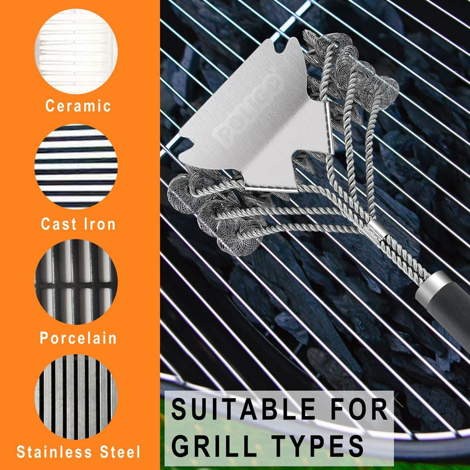 BBQ Grill Cleaning Brush Bristle Free & Scraper - Triple Helix Design Barbecue Cleaner - Non-Bristle Grill Brush and Scraper Safe for Gas Charcoal Porcelain Grills - Ideal Grill Tools Gift