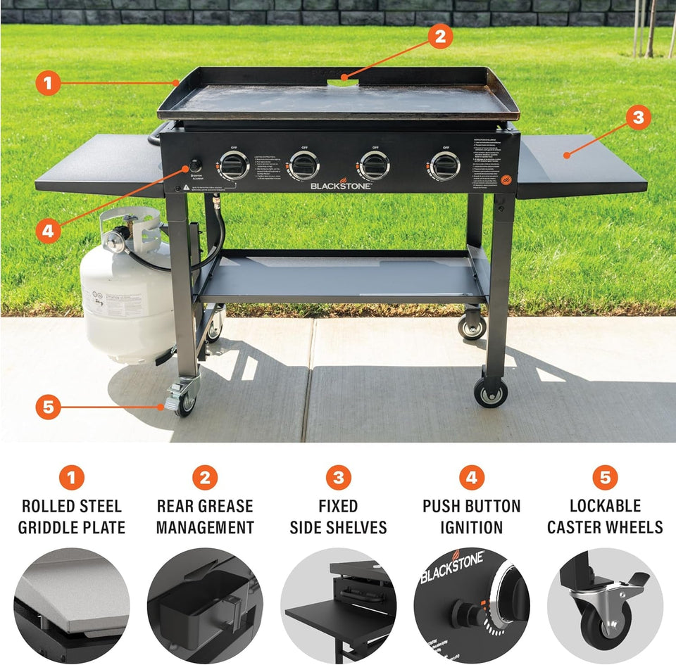 36 Inch Gas Griddle Cooking Station 4 Burner Flat Top Gas Grill Propane Fuelled Restaurant Grade Professional 36 Outdoor Griddle Station with Side Shelf (1554)