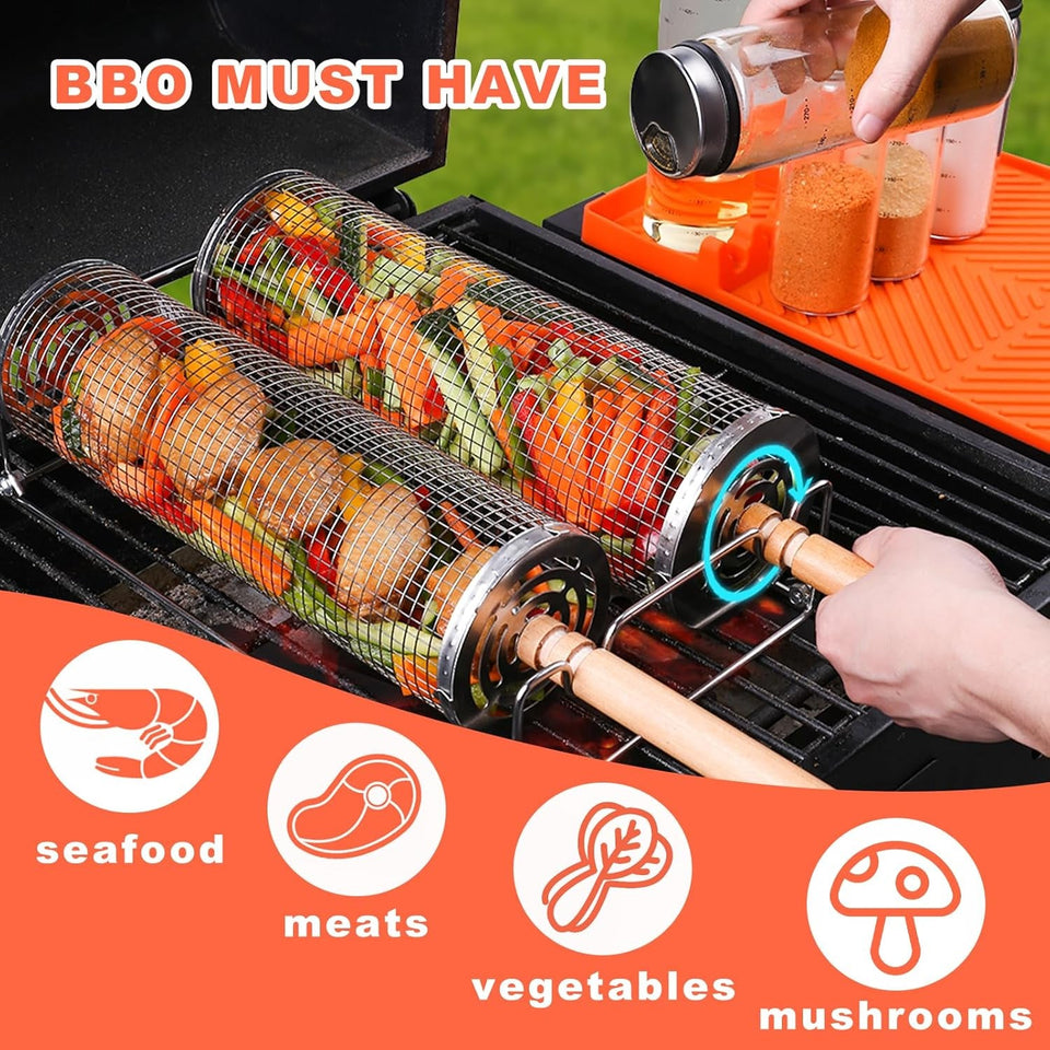 2 PCS Nesting Grill Baskets Rolling Grilling Baskets. Removable Wooden Handle. Stainless Steel Grill Accessories Set. Portable Grill Vegetables. Fish. Shrimp. Meat. Fries for Men Dad Husband