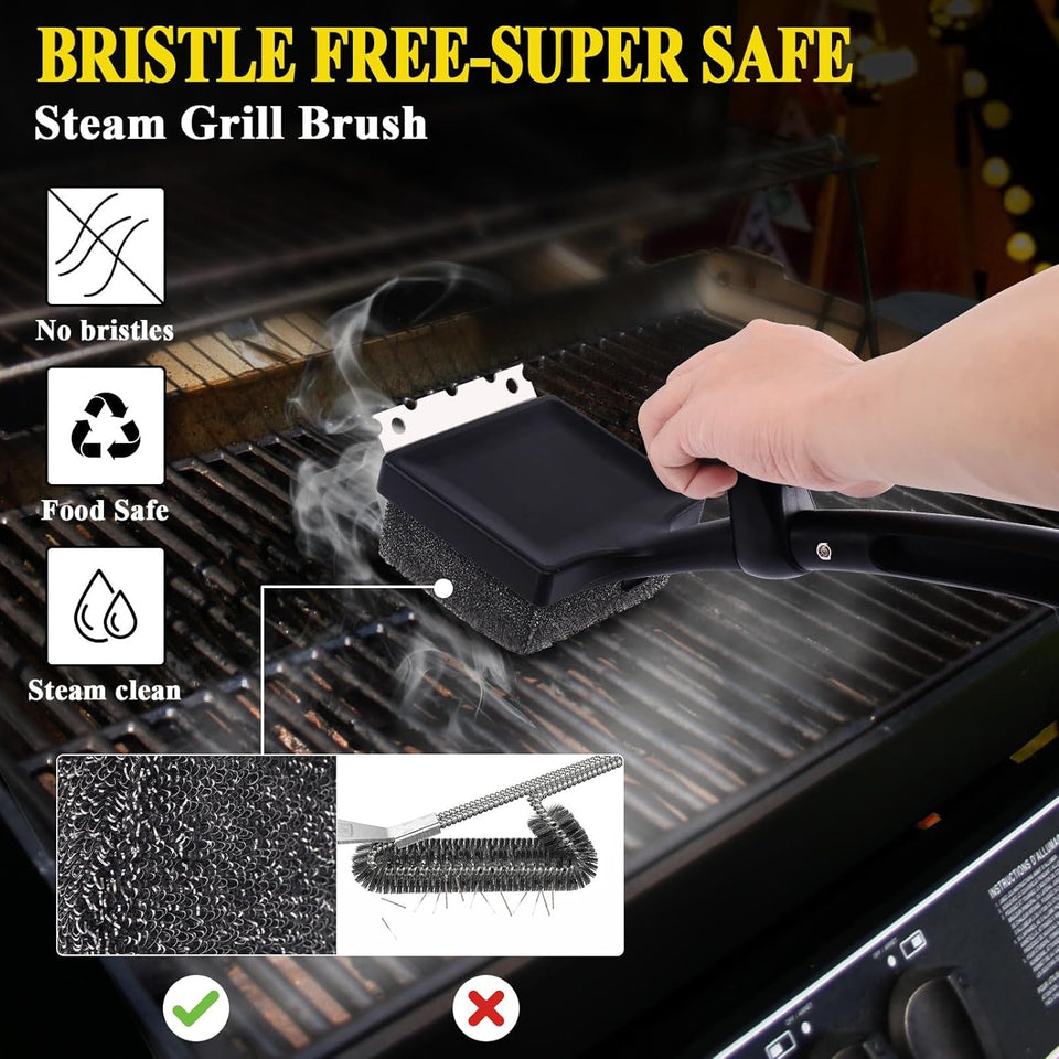 BBQ Grill Brush Bristle Free.4 in 1 Grill Brush for Outdoor Grill with Replaceable Cleaning Head.18.8 Extra Long Safe Steam Grill Cleaner Brush with Scraper.Bbq Accessories Gifts for Men