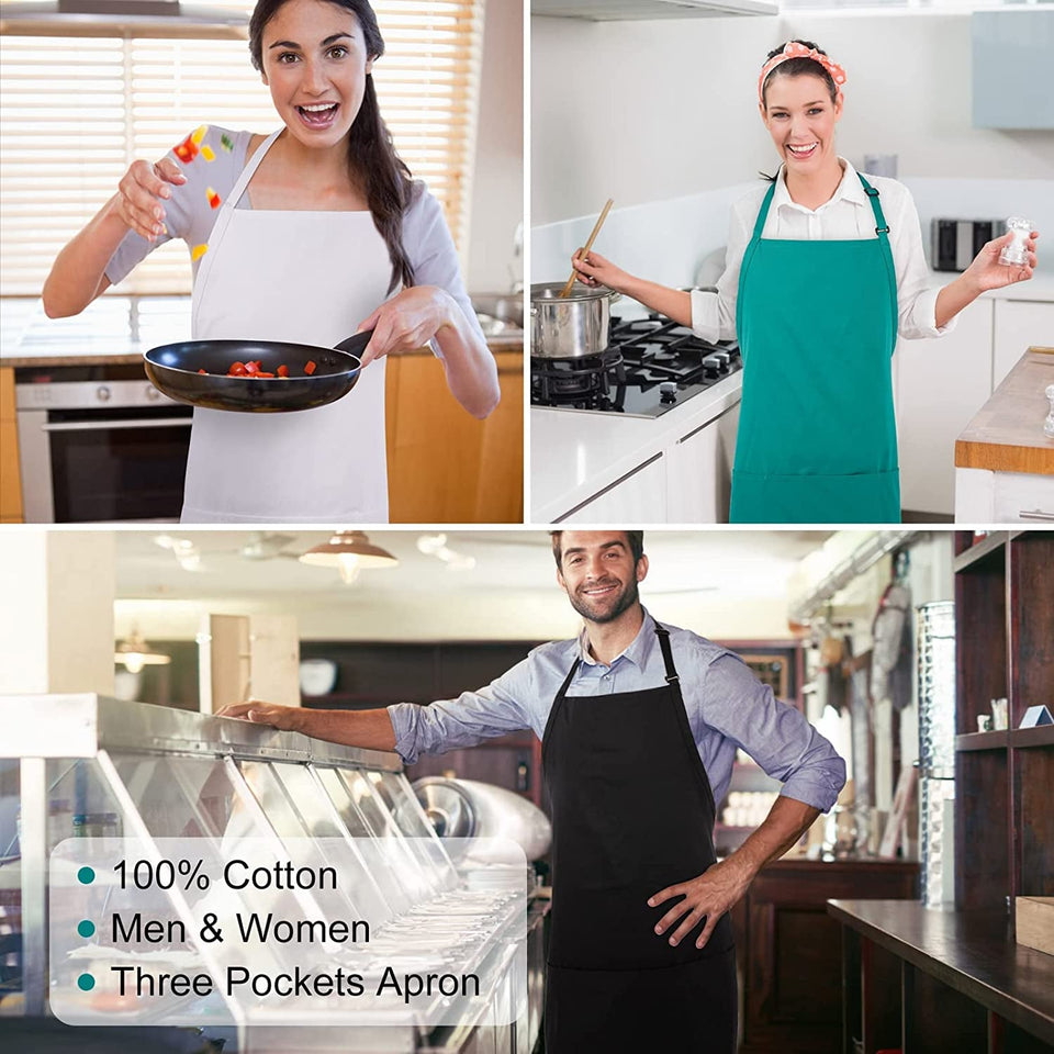 2 Pack 3 Pockets 100% Cotton Adjustable Bib Apron Chef Kitchen Cooking Aprons for Women Men. Black