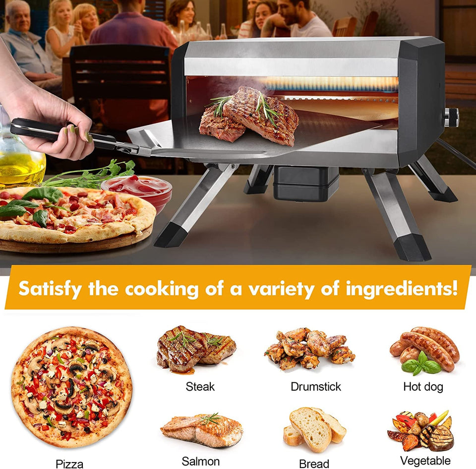 -Outdoor Gas Pizza Oven. Rotating Propane Pizza Grill Oven for Exterior Backyard Pizza Maker with 14 Pizza Stone. Portable Pizza Ovens for outside with Pizza Peel.Pia.Cutter.Gloves and Thermometer.