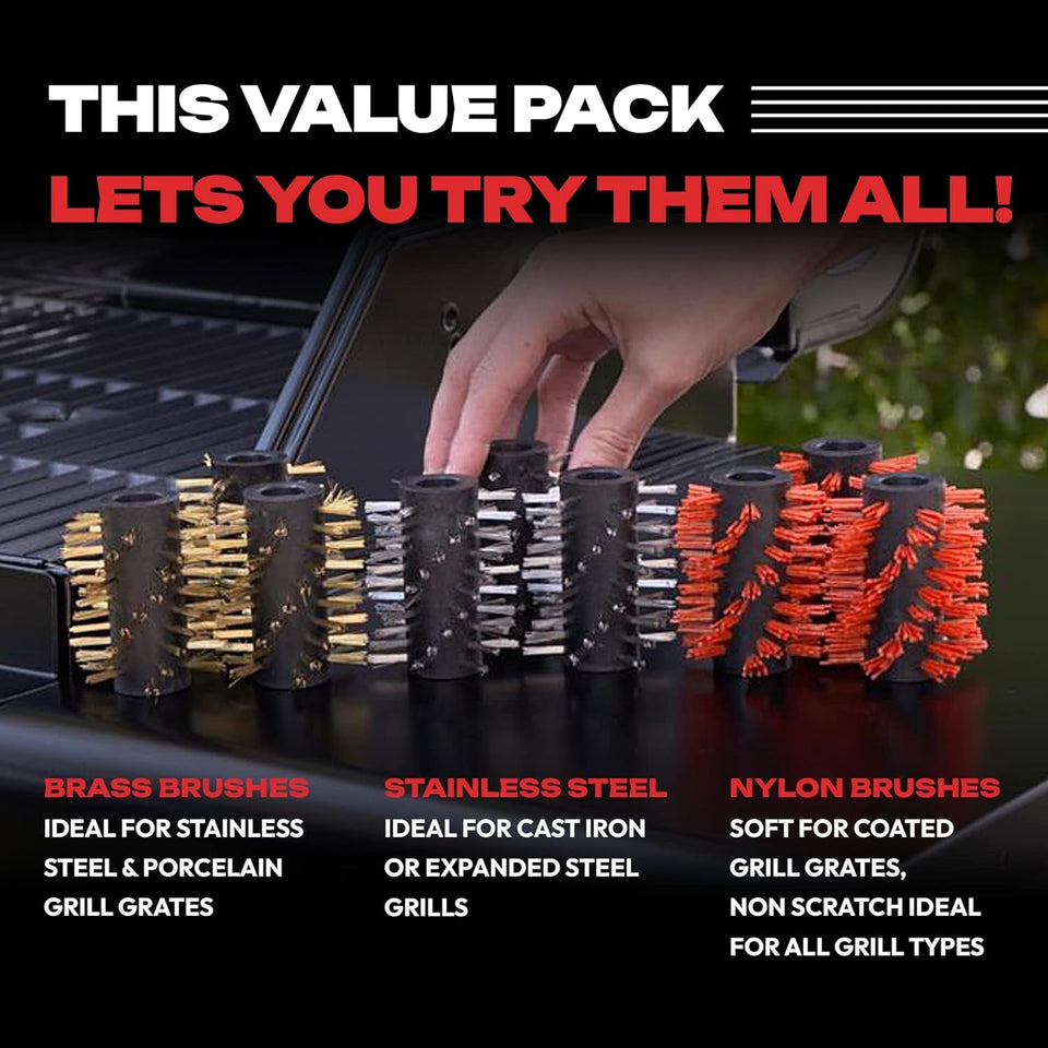 Automatic BBQ Grill Cleaning Robot Replacement Brush - Grill Cleaner Parts. Grilling Accessories. Wire Brush Tool. Metal Brush - Set of 3 Each Stainless Steel. Nylon and Brass Variety Pack