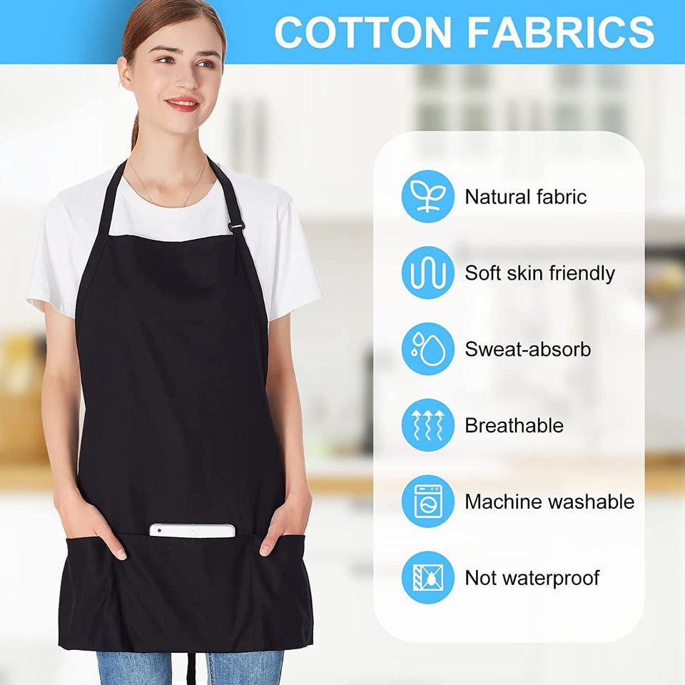 2 Pack 3 Pockets 100% Cotton Adjustable Bib Apron Chef Kitchen Cooking Aprons for Women Men. Black