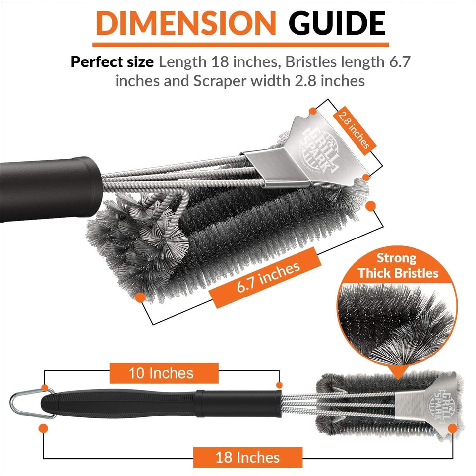 BBQ Grill Brush and Scraper 18 | Stainless Steel Cleaning Brush Accessories | Best for Weber Gas. Charcoal. Porcelain. Cast Iron. All Grilling Grates