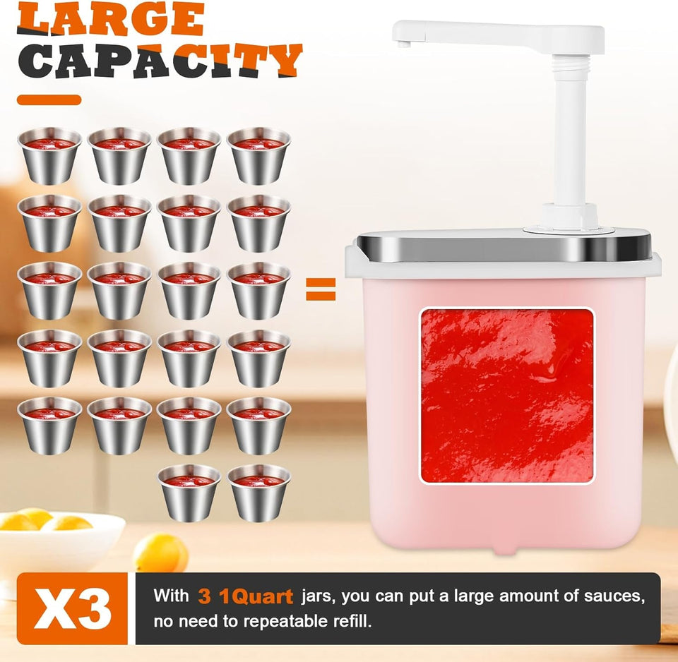 3.2Quart Condiment Pump Station Stainless Steel Sauce Dispenser Pump Condiment Pump Dispenser with 3 of 1.1 Quart Jars
