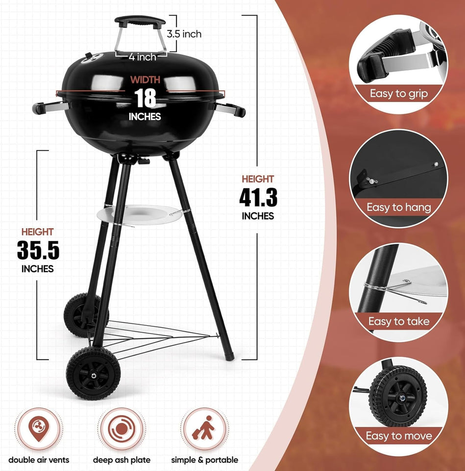 18 Inch Charcoal Grill. Hasteel 2-In-1 Kettle Outdoor Barbecue Grill. Portable Black BBQ Grill for Camping/Backyard/Patio/Picnic. Porcelain-Enameled Lid & Fire Bowl. 254.SQ.IN Cooking Area. 13-Piece