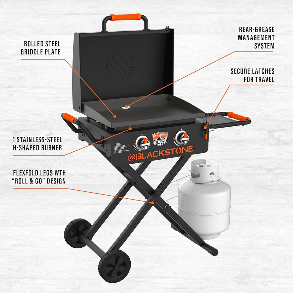1935 on the Go Scissor-Leg Two Burners Gas Hood. Wheels. Side Shelf Heavy Duty Outdoor Stainless Steel Griddle for Backyard. Patio Camping. 22. Black