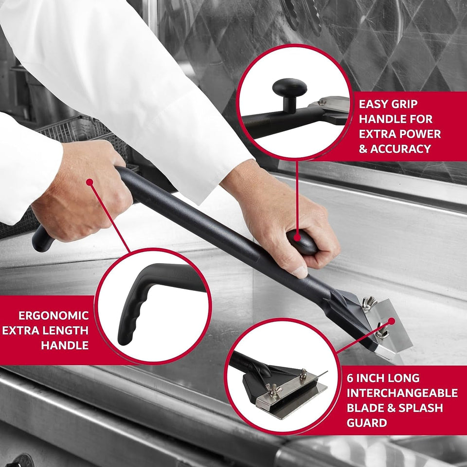 Commercial Griddle Scraper. Flat Iron Grill Griddle Scraper. Professional Restaurant Grade Quality. Blackstone Grill Griddle Scraper. Long Handle for Added Protection. Model 90254