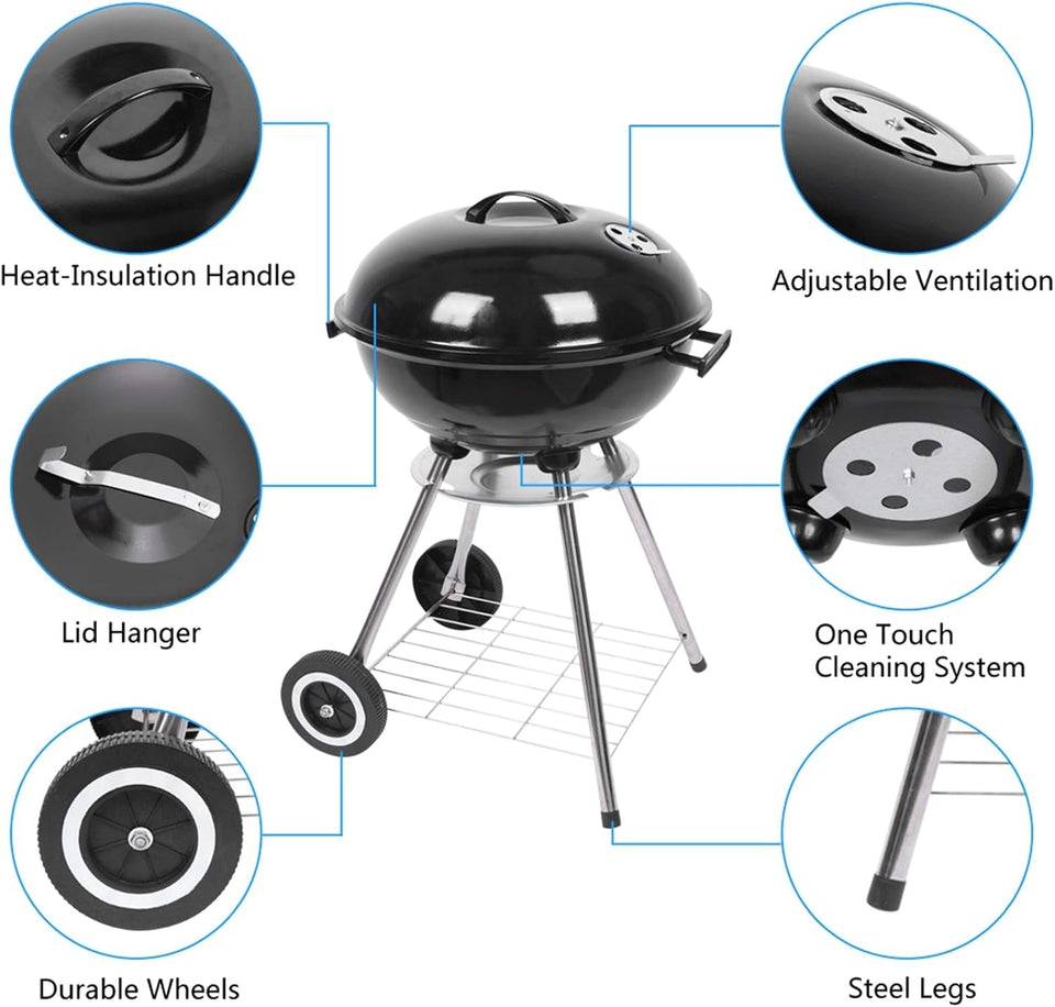 18 Charcoal Grill with Wheels for Outdoor Cooking Barbecue Camping BBQ Coal Kettle Grill Tailgating Portable Heavy Duty round with Thickened Grilling Bowl Wheels. Black