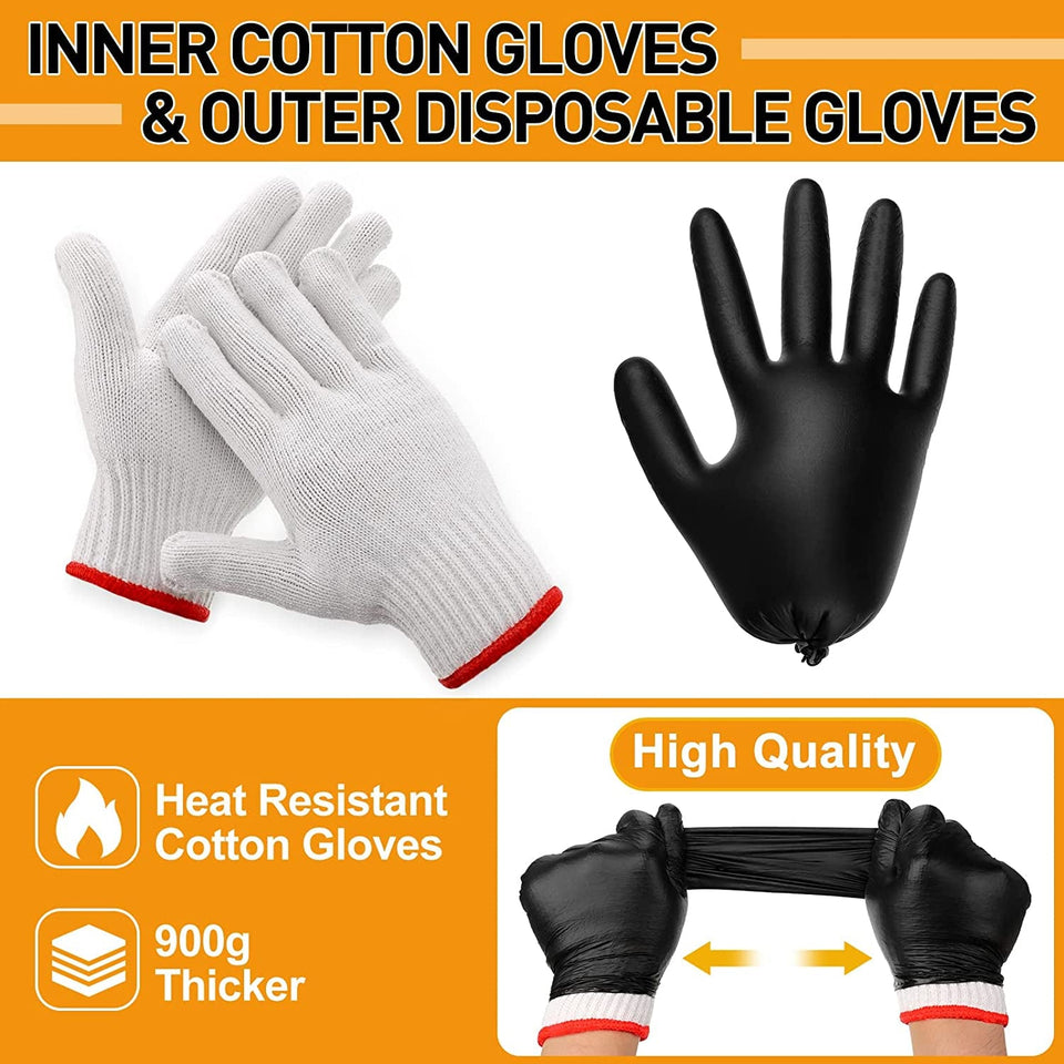 200 Pcs Disposable BBQ Gloves with 4 Pairs Cotton Liners Grilling Gloves BBQ Cooking Gloves(Black. White. Large)