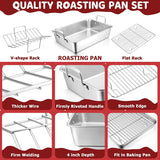 15.3'' Roasting Pan with Racks. Joyfair 7 Pcs Stainless Steel Large Turkey Roaster Pan with Handle. Cooling Flat Rack/V-Rack. Meat Tenderizer/Claws and Brush. Heavy Duty & Multi-Use. Dishwasher Safe