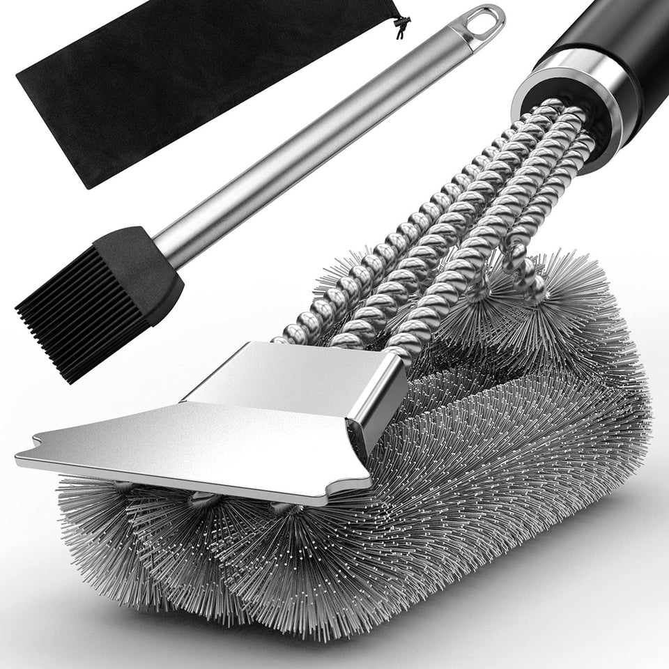 Grill Brush with Extra Strong Long Handle BBQ Cleaner Accessories - Safe Wire BBQ Brush. Triple Barbecue Scrubber Cleaning Brush for Gas/Charcoal Grilling Grates