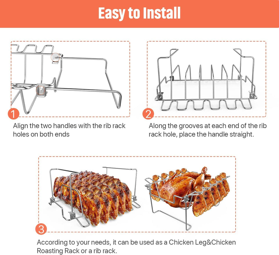 3 in 1 Extra Large Rectangle Rib Rack&Chicken Leg Rack with Brush. Stainlesss Steel Roasting Rack with 2 Handle for Smoker. Oven and Grill. Holds up to 5 Ribs. Easy to Use&Clean