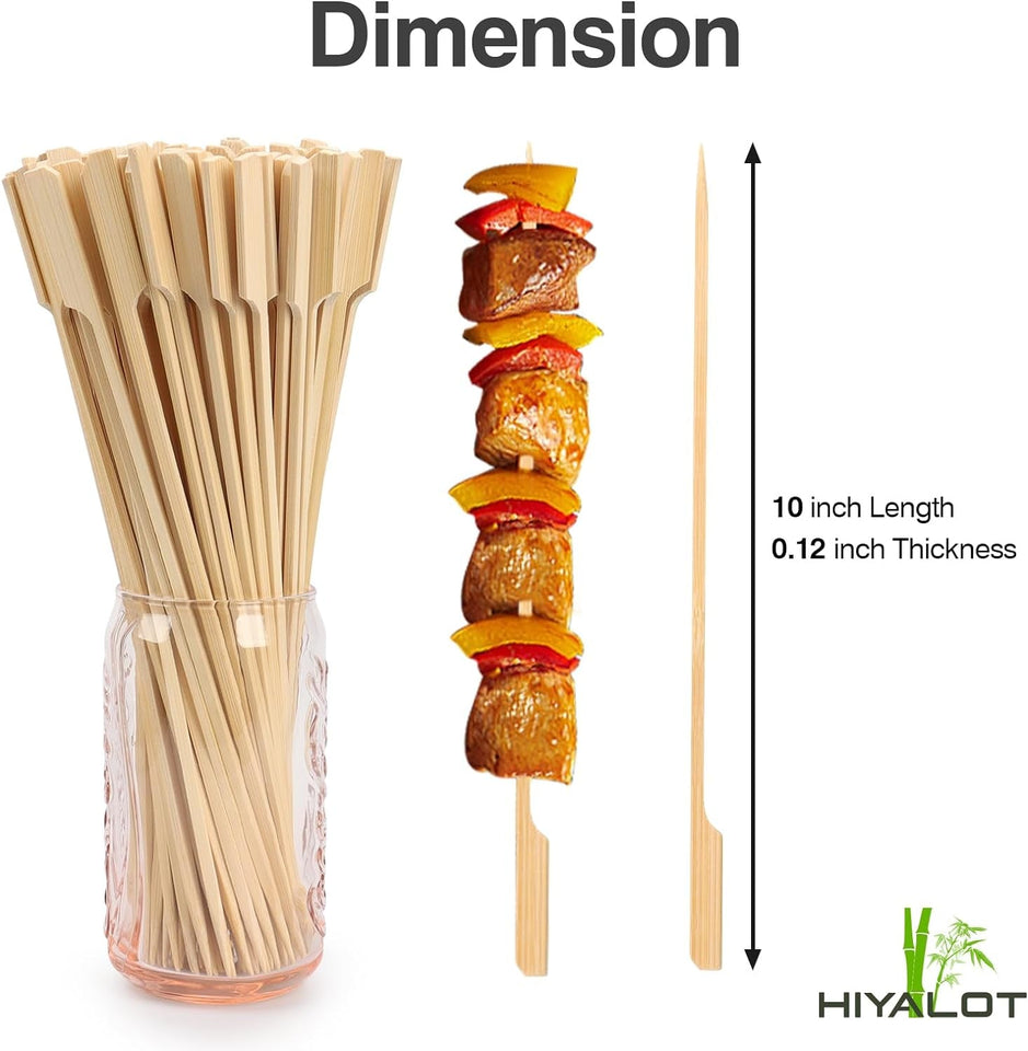 10-Inch Skewer for BBQ Kebab. Unbleached Long Bamboo/Wood Roasting Sticks for Grill -Heavy Duty Thickness -Flat Stick Flag Handle -With Dust-Free Packaging (100-Pack)