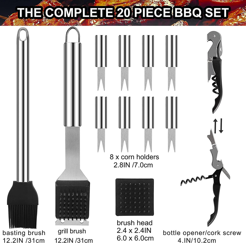 20PCS Heavy Duty BBQ Grill Tools Set - Extra Thick Stainless Steel Spatula. Fork& Tongs. Complete Barbecue Accessories Kit in Aluminum Storage Case - Perfect Grill Gifts for Men