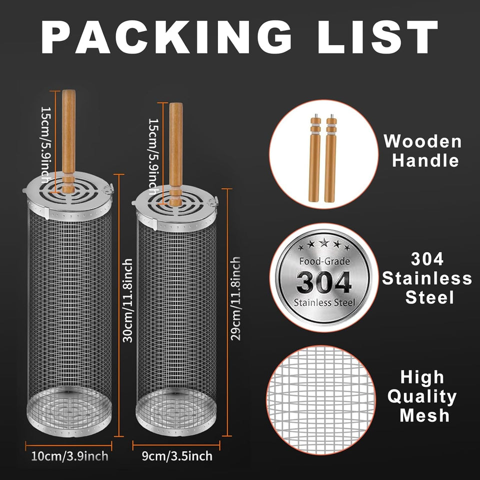 2 PCS Nesting Grill Baskets Rolling Grilling Baskets. Removable Wooden Handle. Stainless Steel Grill Accessories Set. Portable Grill Vegetables. Fish. Shrimp. Meat. Fries for Men Dad Husband