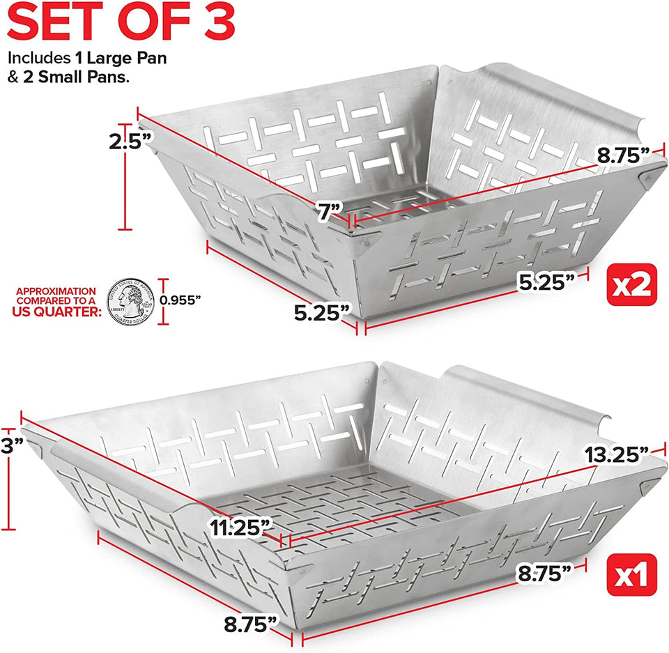 (Set of 3) Heavy Duty Vegetable Grill Baskets for Outdoor Grill. Stainless Steel Veggie Grilling Basket for All Grills. BBQ Gifts for Men. 1 Large & 2 Small