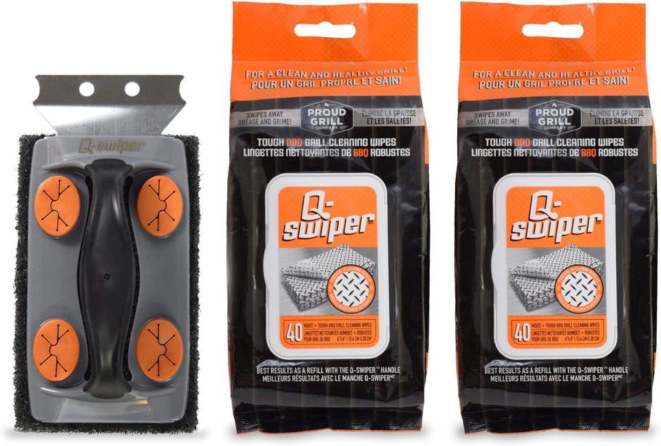 Q-Swiper BBQ Grill Cleaner Set - 1 Grill Brush with Scraper and 80 BBQ Grill Cleaning Wipes | No Bristles & Wire Free | Safe Way to Remove Grease and Grime for a Clean and Healthy Grill!