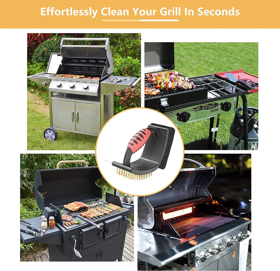 Grill Brush for Outdoor Grill. Brass Grill Cleaning Brush BBQ Cleaning Brush for Outdoor Grill. Multifunctional with Brass Bristle Scouring Pad and Scraper Grill Cleaner Brush and Scraper