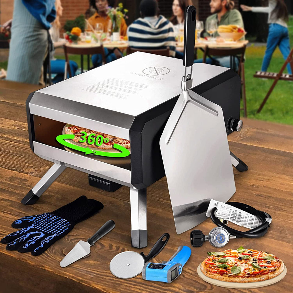 -Outdoor Gas Pizza Oven. Rotating Propane Pizza Grill Oven for Exterior Backyard Pizza Maker with 14 Pizza Stone. Portable Pizza Ovens for outside with Pizza Peel.Pia.Cutter.Gloves and Thermometer.