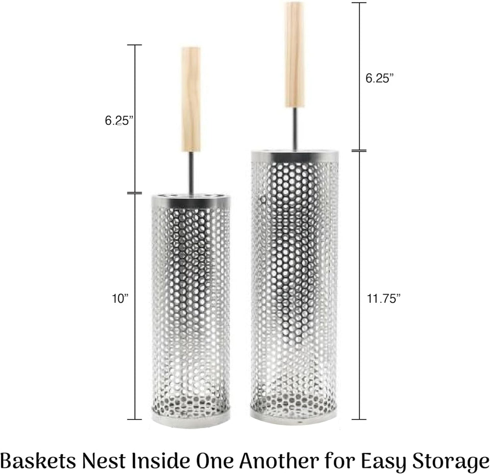 2Pcs Large Nesting Rolling Grill Baskets for Outdoor Grill. USA Based. Commercial Grade. 304 Stainless Steel BBQ round Grilling Baskets with Wood Handles Set with Oil Pourer/Brush and Grill Glove