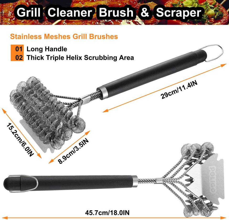 BBQ Grill Cleaning Brush Bristle Free & Scraper - Triple Helix Design Barbecue Cleaner - Non-Bristle Grill Brush and Scraper Safe for Gas Charcoal Porcelain Grills - Ideal Grill Tools Gift