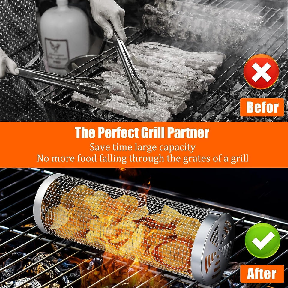 2 Pcs Rolling Grilling Baskets for Outdoor Grilling. BBQ Stainless Steel Grill Accessories Set for Outdoor Grill. Grill Baskets Suitable for Vegetable.Fries.Fish. Shrimp. Grill BBQ Net Tube with Barbecue Accessories