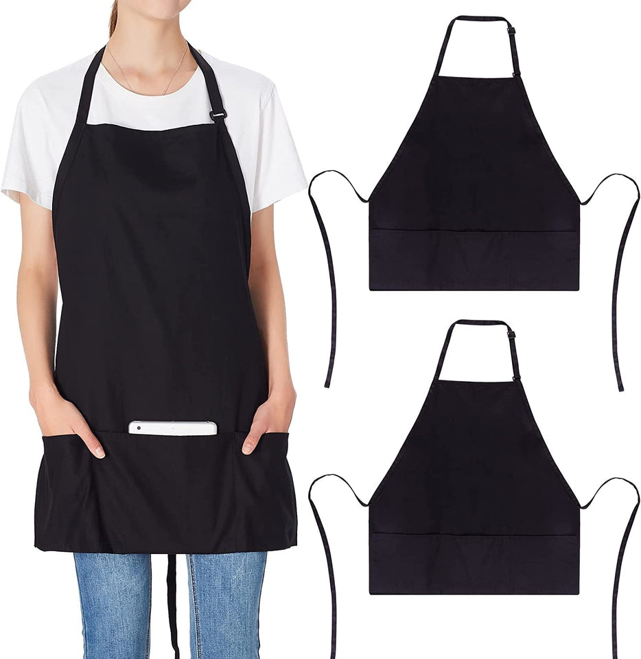2 Pack 3 Pockets 100% Cotton Adjustable Bib Apron Chef Kitchen Cooking Aprons for Women Men. Black