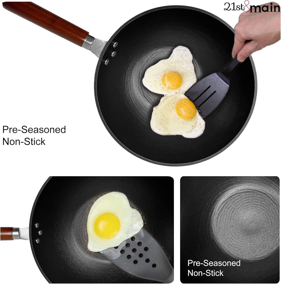 21St & Main Wok. Stir Fry Pan. Wooden Handle. 11 Inch. Lightweight Cast Iron. Chef'S Pan. Pre-Seasoned Nonstick. for Chinese Japanese and Other Cooking