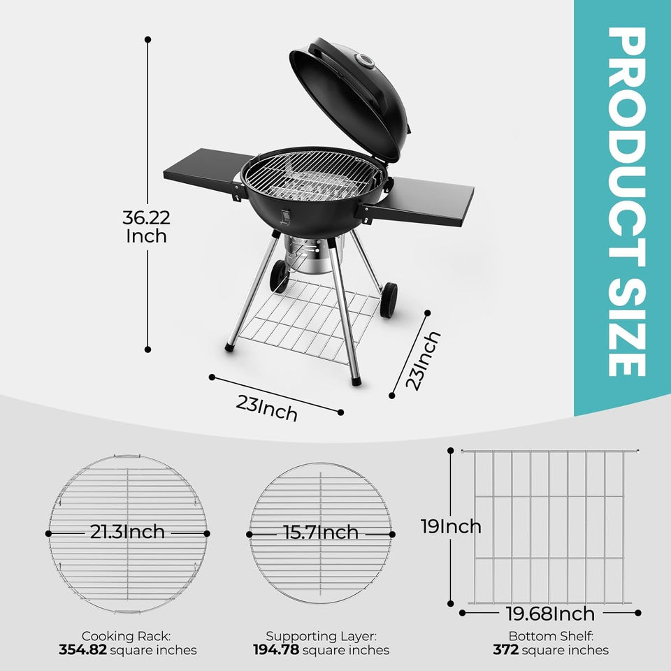 22 Inch Charcoal Grill with 2 Foldable Side Tables.Charcoal Kettle Grills with Wheels.Outdoor Bbq Grill.Portable Charcoal Grill for Camping.Party.Backyard (Black)