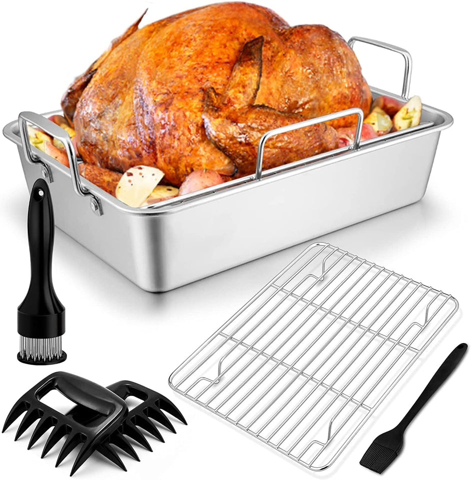 15.3'' Roasting Pan with Racks. Joyfair 7 Pcs Stainless Steel Large Turkey Roaster Pan with Handle. Cooling Flat Rack/V-Rack. Meat Tenderizer/Claws and Brush. Heavy Duty & Multi-Use. Dishwasher Safe