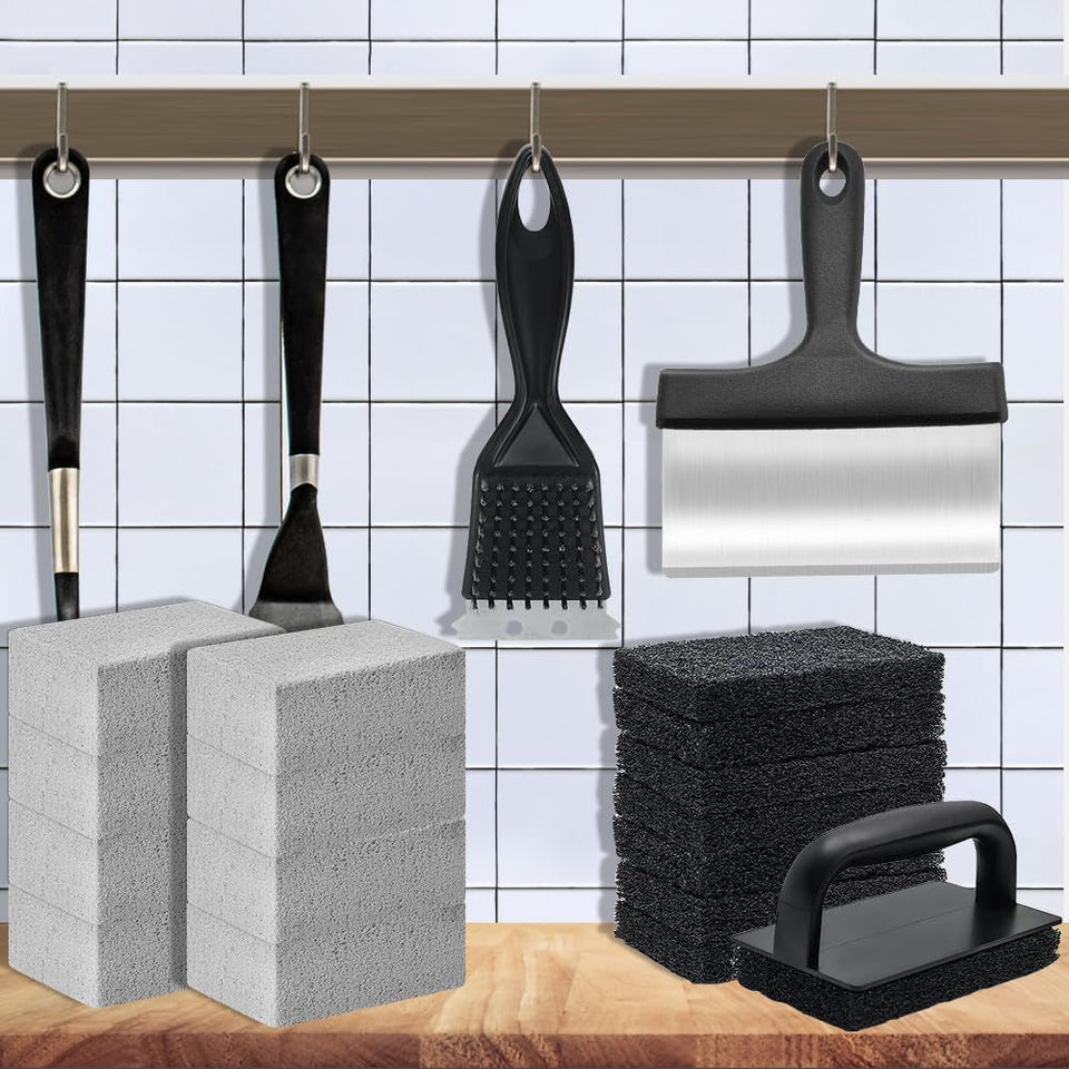 18Pcs Griddle Cleaning Kit for Blackstone. Heavy Duty Flat Top Grill Cleaning Kit. Include Handle. Cleaning Bricks. Scrubber Brush. Scouring Pads. Griddle Grill Scraper. Blackstone Cleaner for Griddle