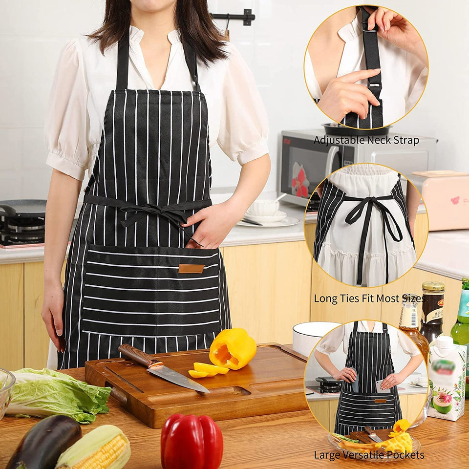 2 Pieces Kitchen Cooking Aprons. Cotton Polyester Blend Adjustable Bib Aprons with 2 Pockets for Women Men Chef Chef (Black/Brown Stripes. 2)