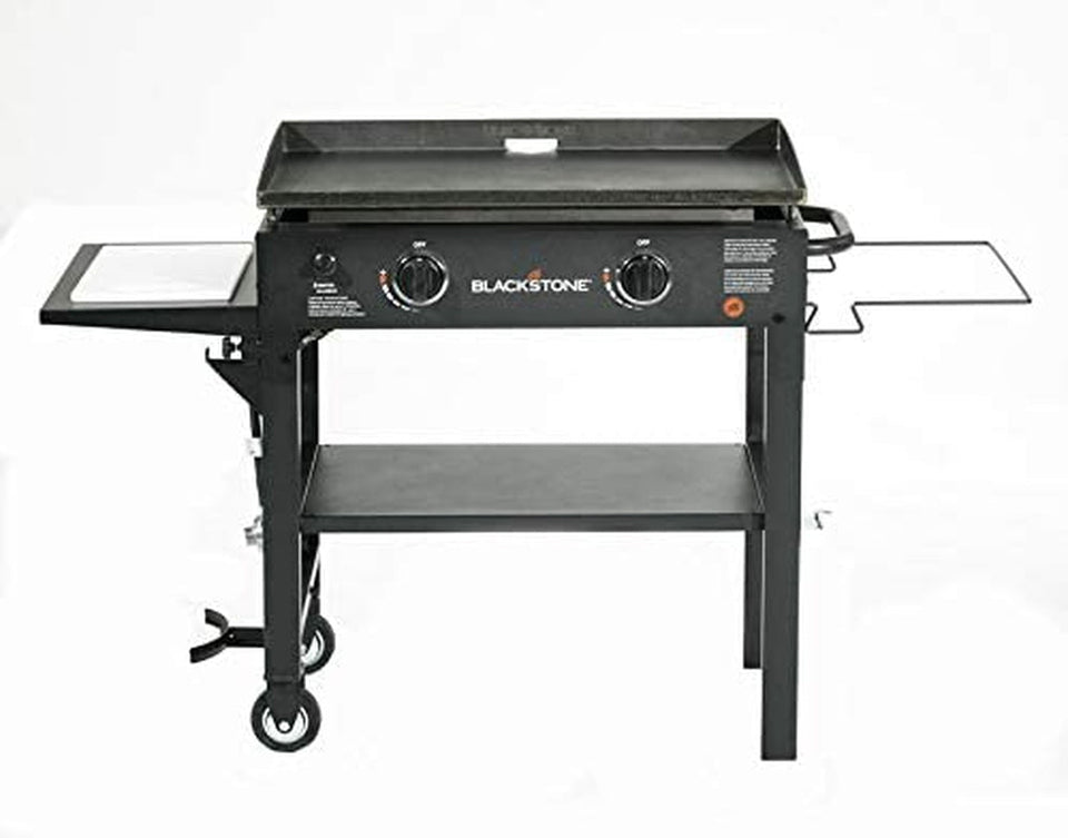 1853 Flat Top Gas Grill 2 Burner Propane Fuelled Rear Grease Management System 28 Outdoor Griddle Station for Camping with Built in Cutting Board and Garbage Holder. 28 Inch. Black