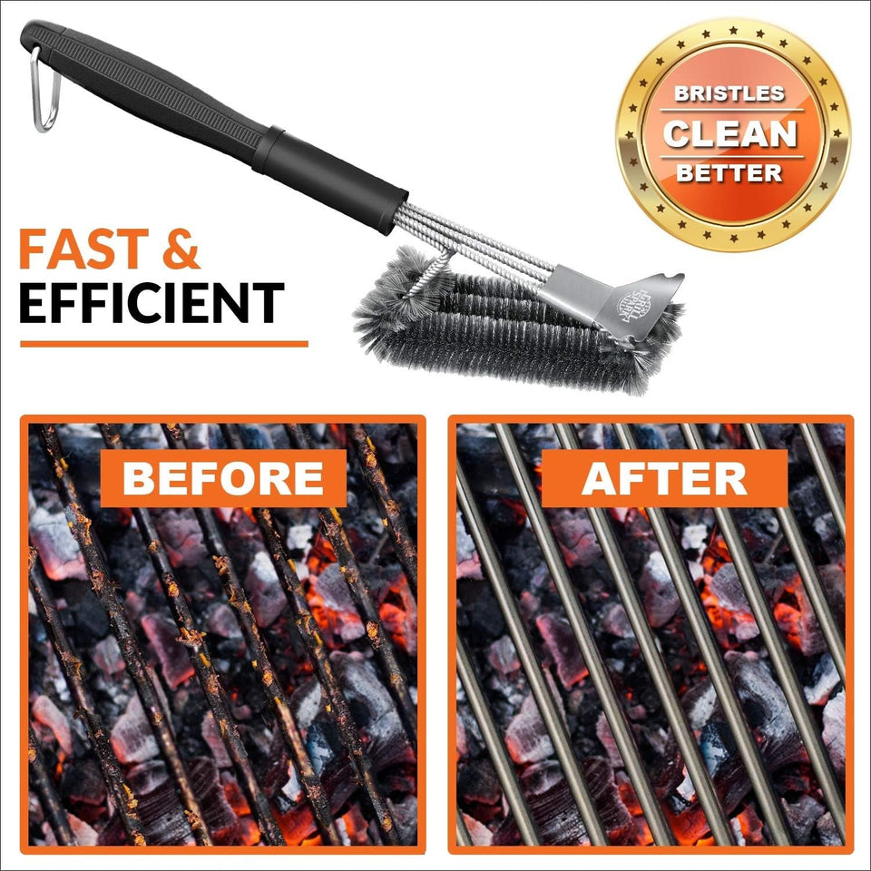 BBQ Grill Brush and Scraper 18 | Stainless Steel Cleaning Brush Accessories | Best for Weber Gas. Charcoal. Porcelain. Cast Iron. All Grilling Grates