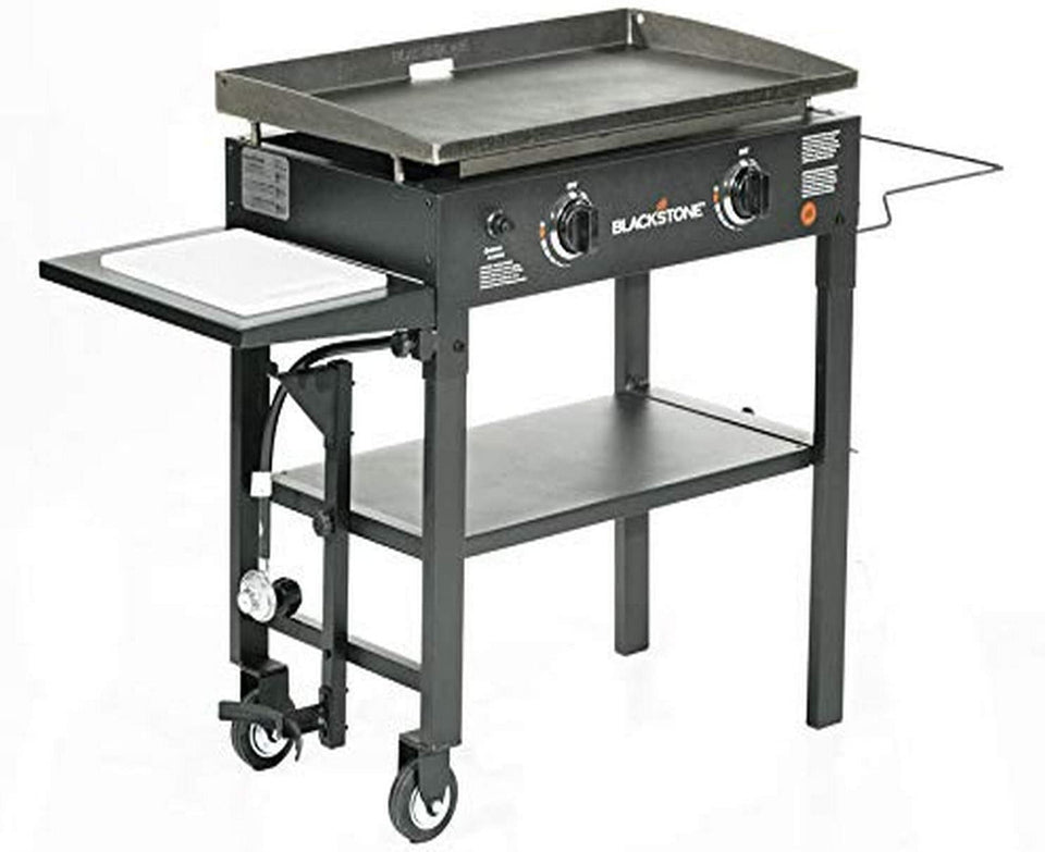1853 Flat Top Gas Grill 2 Burner Propane Fuelled Rear Grease Management System 28 Outdoor Griddle Station for Camping with Built in Cutting Board and Garbage Holder. 28 Inch. Black