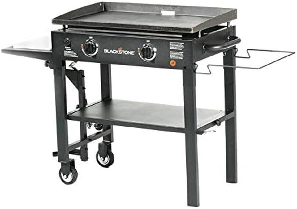 1853 Flat Top Gas Grill 2 Burner Propane Fuelled Rear Grease Management System 28 Outdoor Griddle Station for Camping with Built in Cutting Board and Garbage Holder. 28 Inch. Black