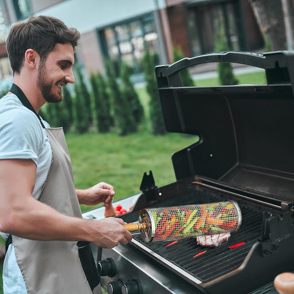 2 PCS Nesting Grill Baskets Rolling Grilling Baskets. Removable Wooden Handle. Stainless Steel Grill Accessories Set. Portable Grill Vegetables. Fish. Shrimp. Meat. Fries for Men Dad Husband