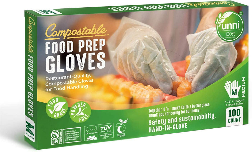100% Compostable Food Prep Gloves. Restaurant-Quality.For Food Handling. Powder-Free. 100 Count. Medium. Earth Friendly Highest ASTM D6400. US BPI and Europe OK Compost Certified. San Francisco
