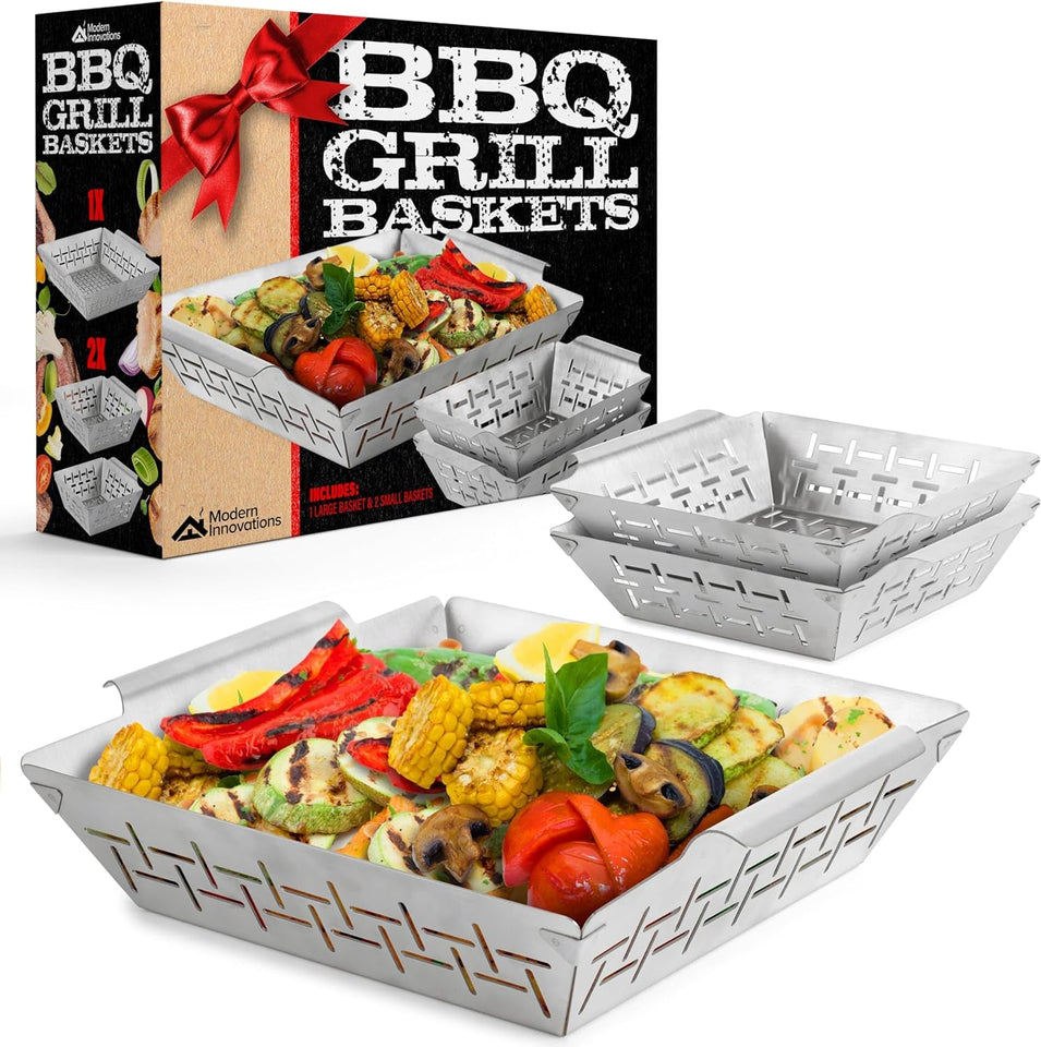 (Set of 3) Heavy Duty Vegetable Grill Baskets for Outdoor Grill. Stainless Steel Veggie Grilling Basket for All Grills. BBQ Gifts for Men. 1 Large & 2 Small