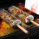 2 PCS Nesting Grill Baskets Rolling Grilling Baskets. Removable Wooden Handle. Stainless Steel Grill Accessories Set. Portable Grill Vegetables. Fish. Shrimp. Meat. Fries for Men Dad Husband